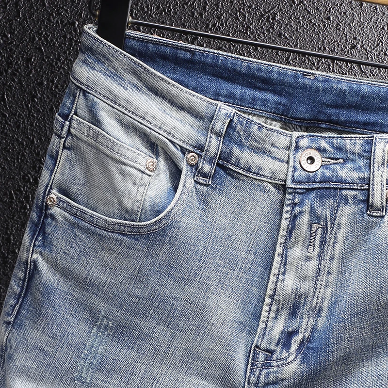 Fashion Designer Men Jeans High Quality Retro Light Blue Elastic Stretch Slim Fit Ripped Jeans Men Trousers Vintage Denim Pants