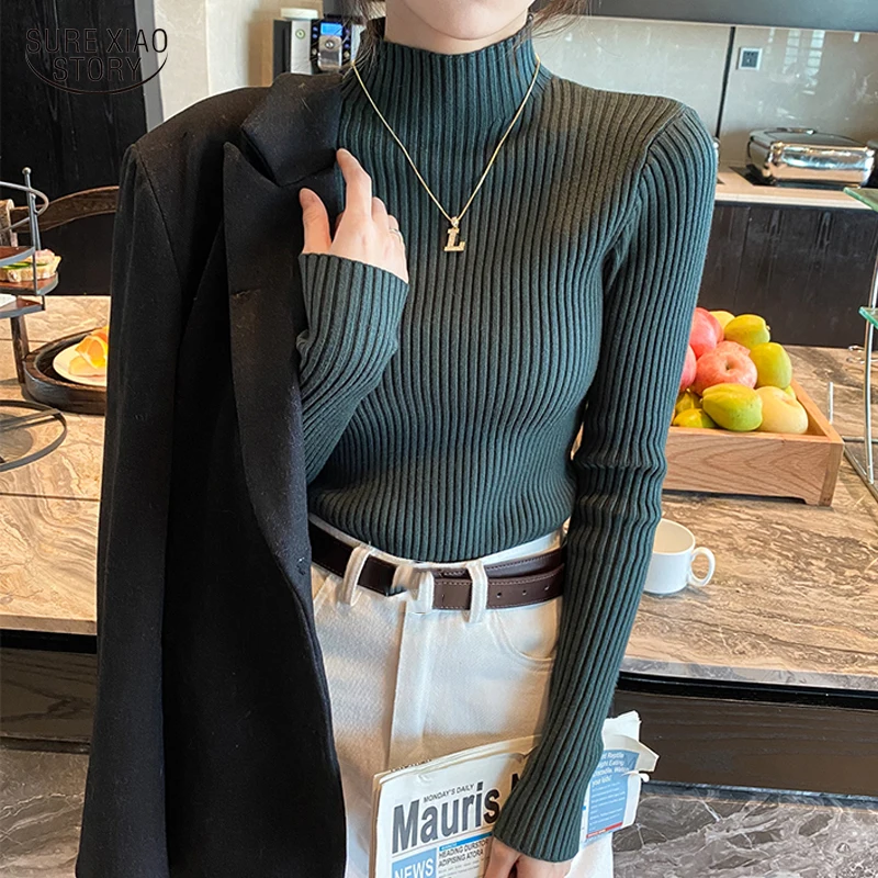 

Elegant Half High Collar Knitted Sweater Vintage Long Sleeve Bottoming Women Tops Autumn Winter White Pullover Jumper Pull 22848