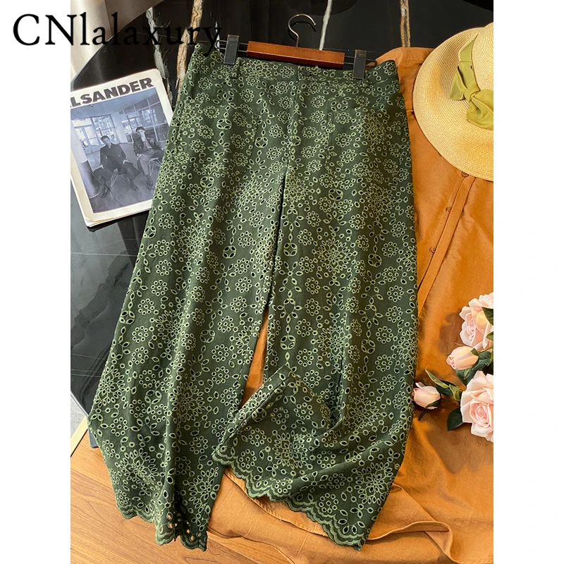 

CNlalaxury 2022 Embroidered Hollow Out Cropped Pants Woman Green High Waist Female Straight-leg Casual Vintage Pants Mujer