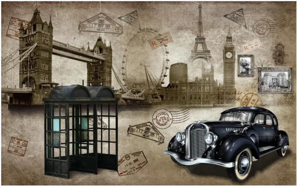 

custom mural 3d wallpaper for bedroom walls Vintage British style vintage car phone booth decor photo wallpapers on the wall