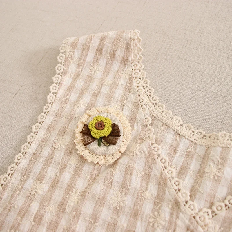 Женский хлопковый топ без рукавов милый клетчатый в японском стиле с вышивкой