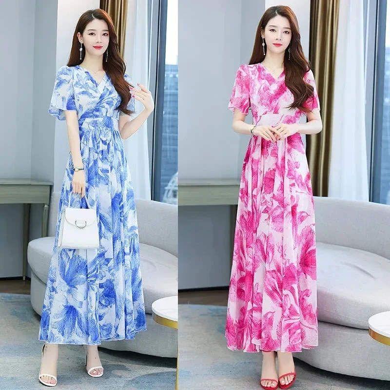 2024 новое летнее женское платье средней длины утягивающая талия большая юбка