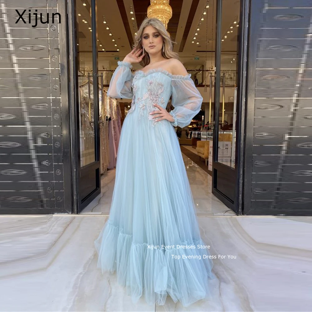 

Xijun Blue Tulle Evening Dresses Flower Appliques Long Cap Sleeves Prom Dresses A-Line Sweetheart Strap Prom Gowns Party Dresses