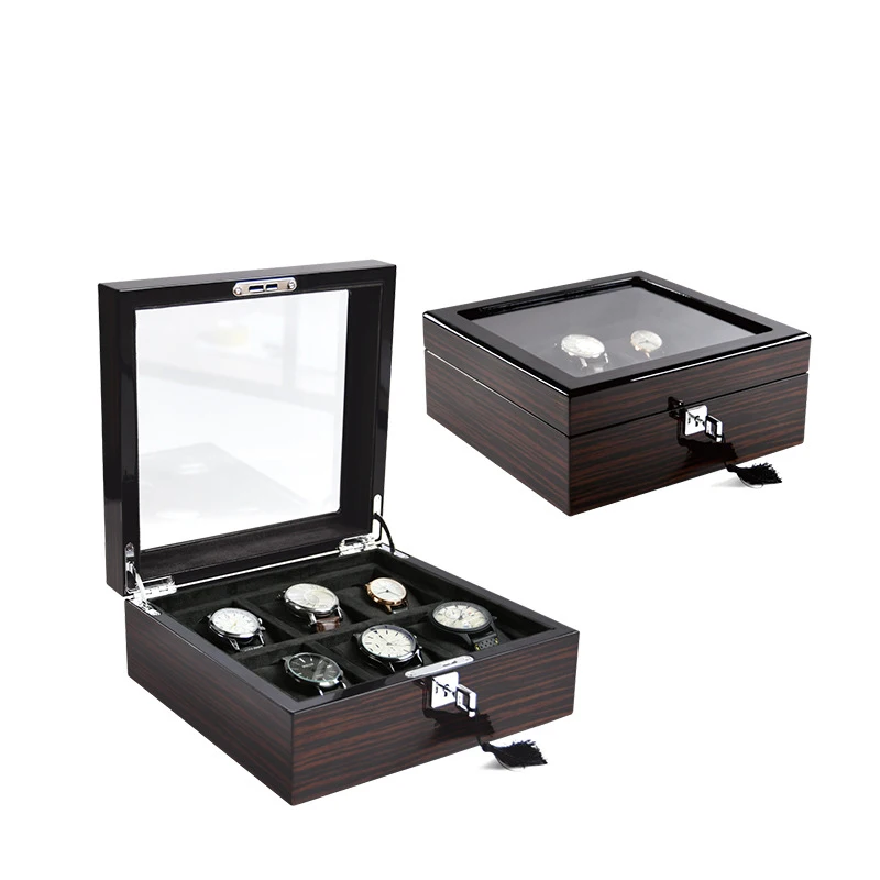 Wooden Watch Box Organizer for Men 6 Slots Black Large Luxury Watch Box Case with Lock Display Watches Box Pillows Free Shipping