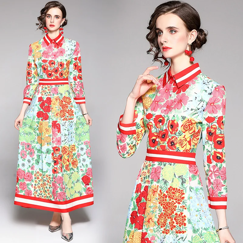 

Женское платье-рубашка в стиле Харадзюку, дизайнерское Вечернее Платье макси с цветочным принтом, роскошная туника с длинным рукавом для по...