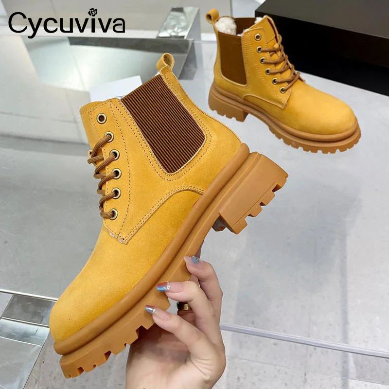 

New Genuine Leather Lace Up Chelsea Boots Women Round Toe Thick Sole Wool Platform Boots Winter Designer Motorcycle Boots Women