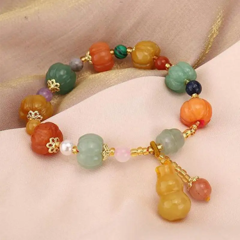 

Natural Colorful Jade Bracelet Women Fine Jewelry Real Chinese Golden Silk Jades Pumpkin Bead Gourd Charm Lucky Amulet Bracelets