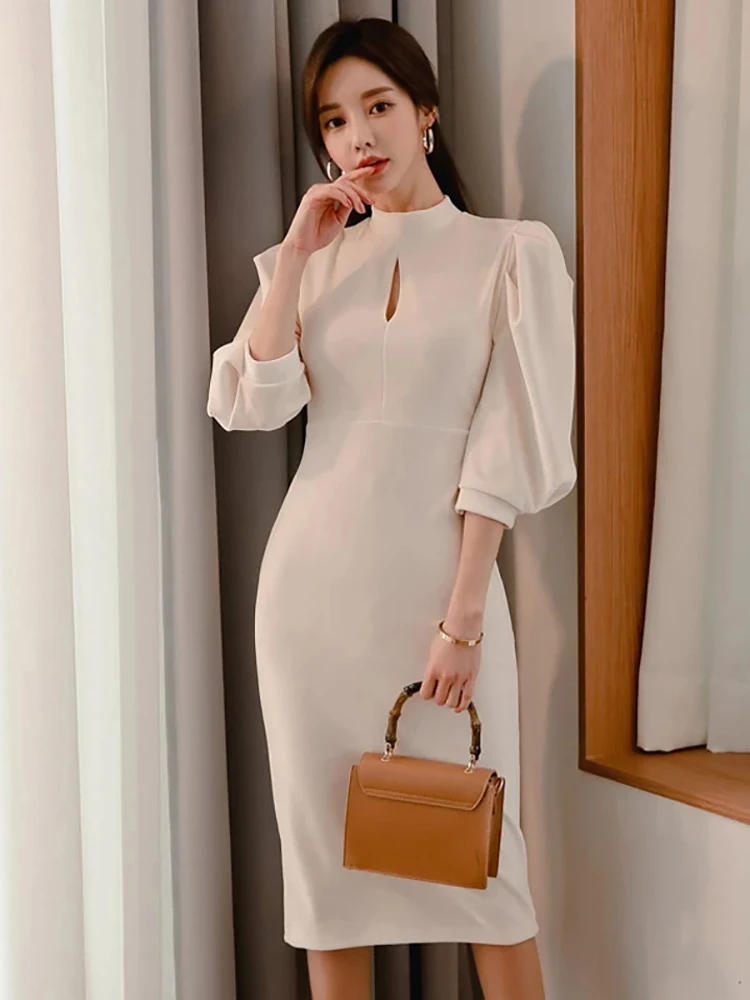 

Fitshinling Lantern Sleeve Pencil Midi Dresses For Women Slim Sexy Elegant Bodycon Dress Turtleneck White Ladies Vestidos New In