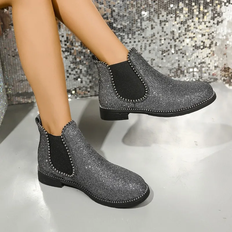 Женские ботильоны на низком каблуке модная блестящая обувь женская трендовая