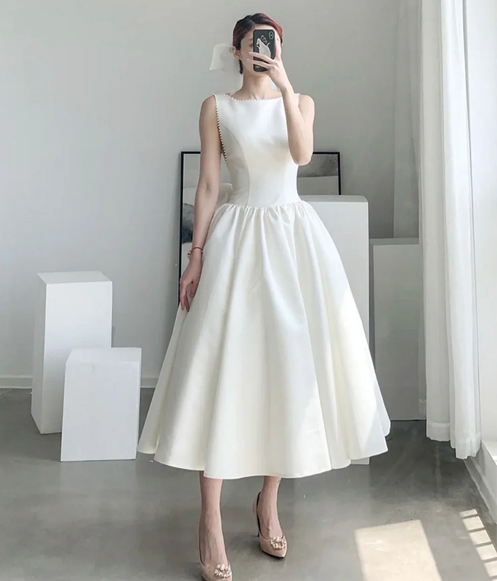 

Korea Sleeveless Satin Ruched Simple Ankle Length Open Back With Bow Wedding Dress Bride Gown Vestidos De Novia robe mariée