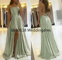 vintage prom dresses sleeveless light sage green ruffles split a line formal backless slim solid tank evening gowns