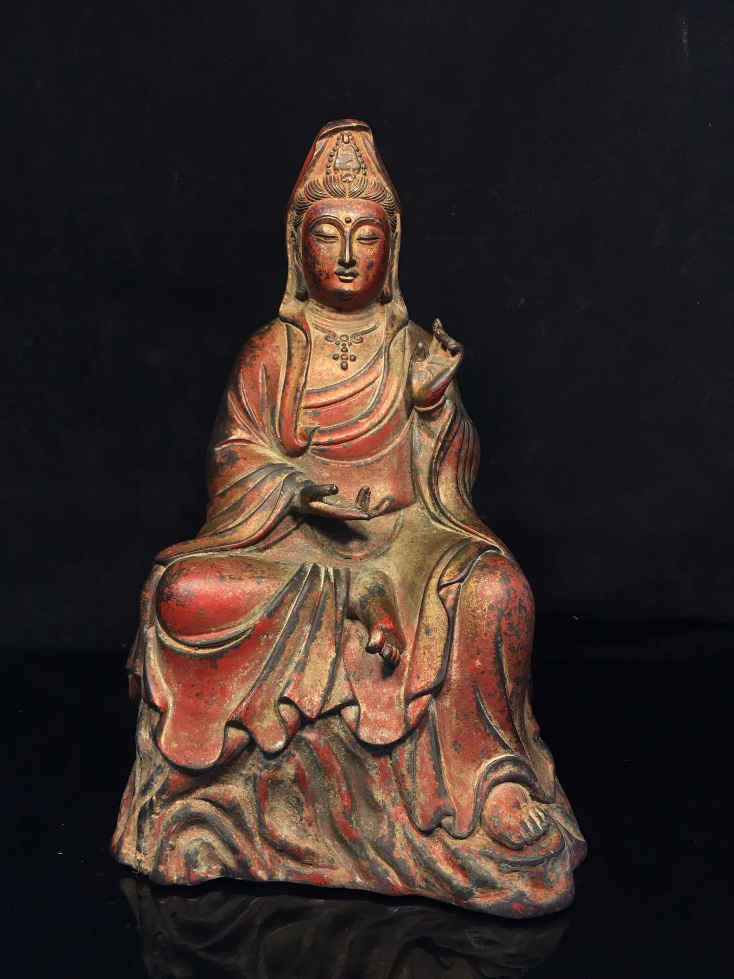 

10"Tibetan Temple Collection Old Bronze Gilt Cinnabar Northern Wei Buddha Guanyin Bodhisattva Buddha Worship Hall Town House