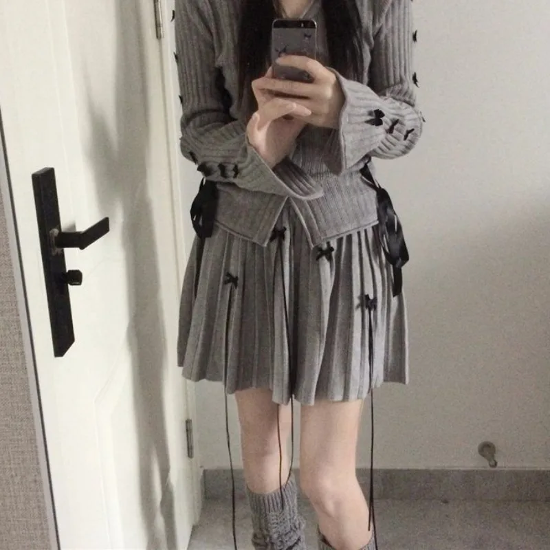 Серые вязаные кардиганы в корейском стиле Deeptown молодежные женские винтажные