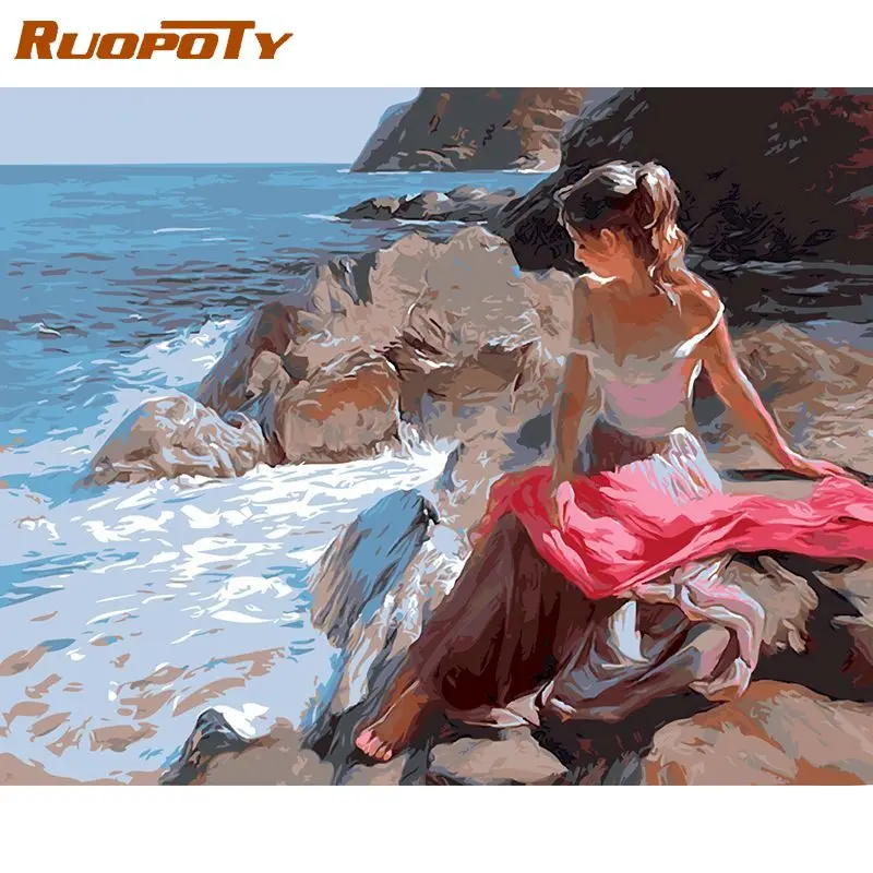 

RUOPOTY Acrylic Painting By Numbers Handmade Seaside Woman Girl Number Painting On Canvas For Beginner Home Decors Gift Easy