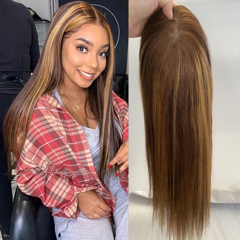 

6x6 inch Highlights Straight Silk Base Topper with Baby Hair Piano Highlights 4/27# Virgin Human Hair Topper Piece with 4 Clips