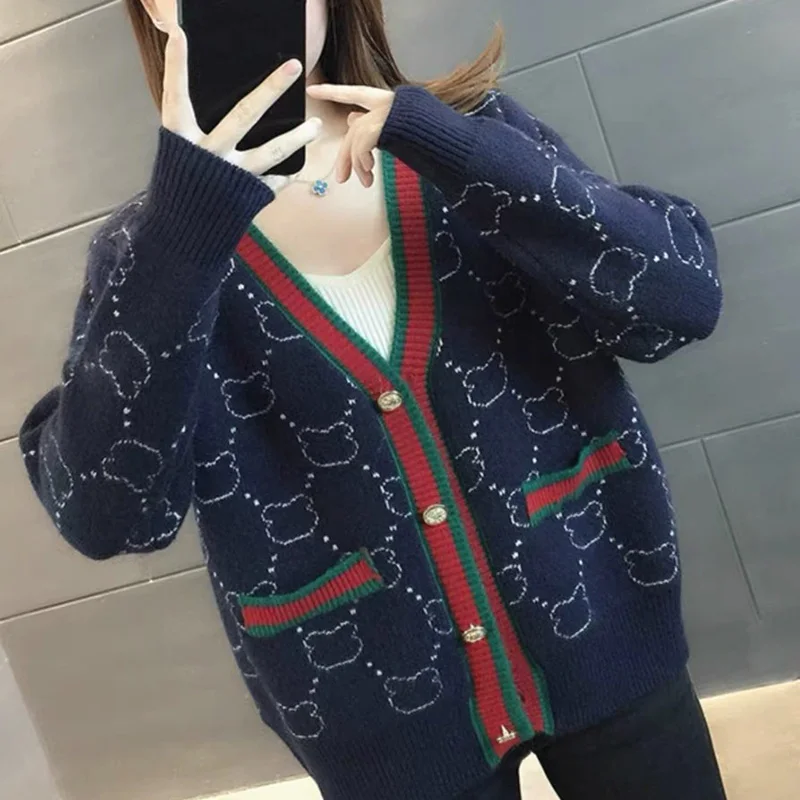 Женская одежда модные жаккардовые шикарные свитера на пуговицах с медведем