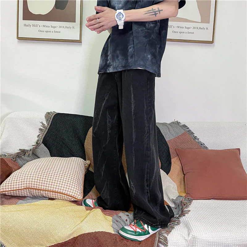 DEEPTOWN Y2K Straight Jeans Men Harajuku Streetwear Denim Pants Loose Casual Trousers Male Black Blue Fashion Hip Hop Spring