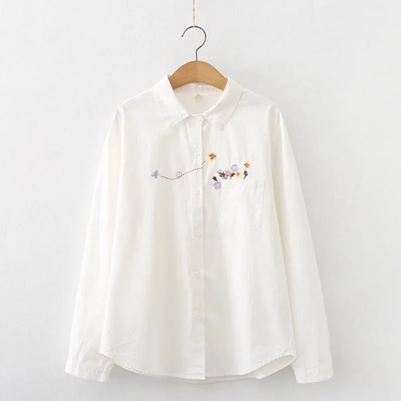 

White Blue Women Blouse Floral Flowers Embroidery Shirt Shirts Camisas Mujer Blusas Tops