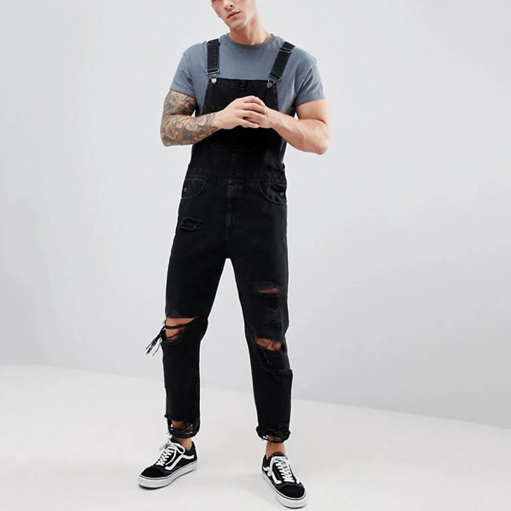 Fashionable Bibs Men Jeans Suspender Denim Jumpsuit Ripped Hole Pants Streetwear Full Length Overalls Black Trousers