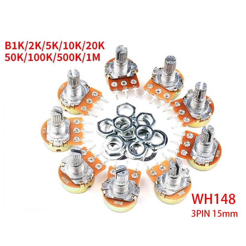 

100 шт., WH148, B1K, B2K, B5K, B10K, B20K, B50K, B100K, B500K, 3-контактный 15-миллиметровый усилитель вала, двойной стерео потенциометр 1K, 2K, 5K, 10K, 50K, 100K, 1M