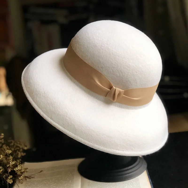 

202211-wei Зимняя шерстяная фетровая молочно-белая Панама в стиле Хепберн grace lady, женская шляпа для отдыха