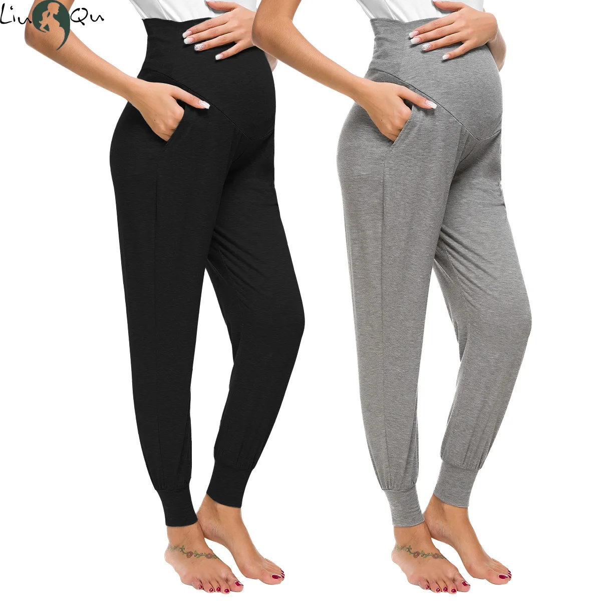 Liu & Qu Maternity Women's Casual Pants Pregnancy Stretchy Comfortable Lounge Pants Pregnant High Waist Trousers with Pocket