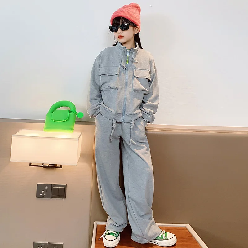 

10 12 years Girls Grey Fashion Clothes Set Zipper Coat Wide Leg Pants 2 pieces Casual Teen Girl Outfits