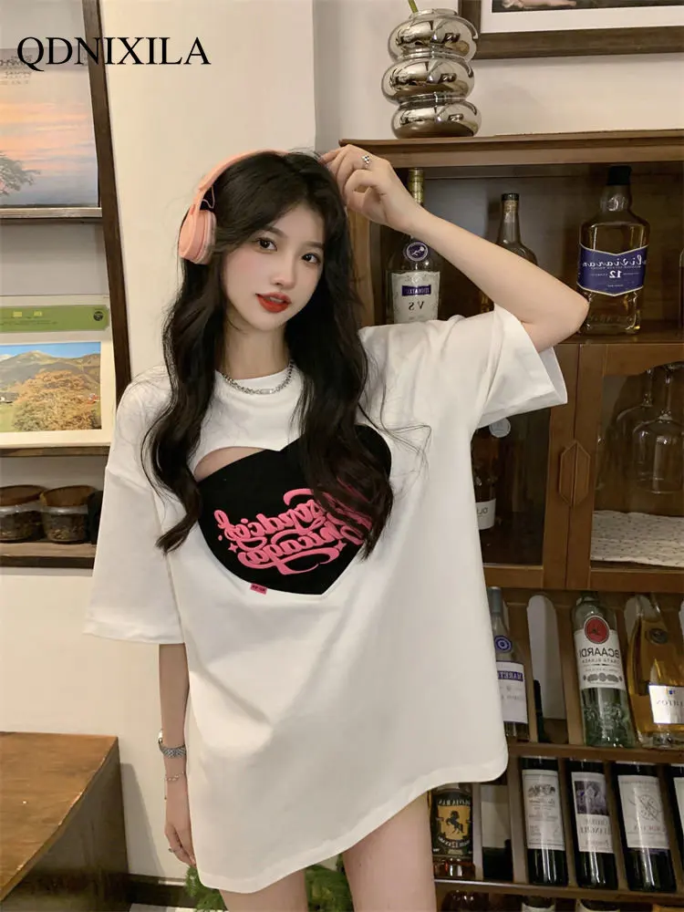 

Top Women Love Heart Cutout T-shirt Women's Short Sleeve Summer Vest Two-piece Suit Y2k Tops Woman Clothing T Shirt for Women