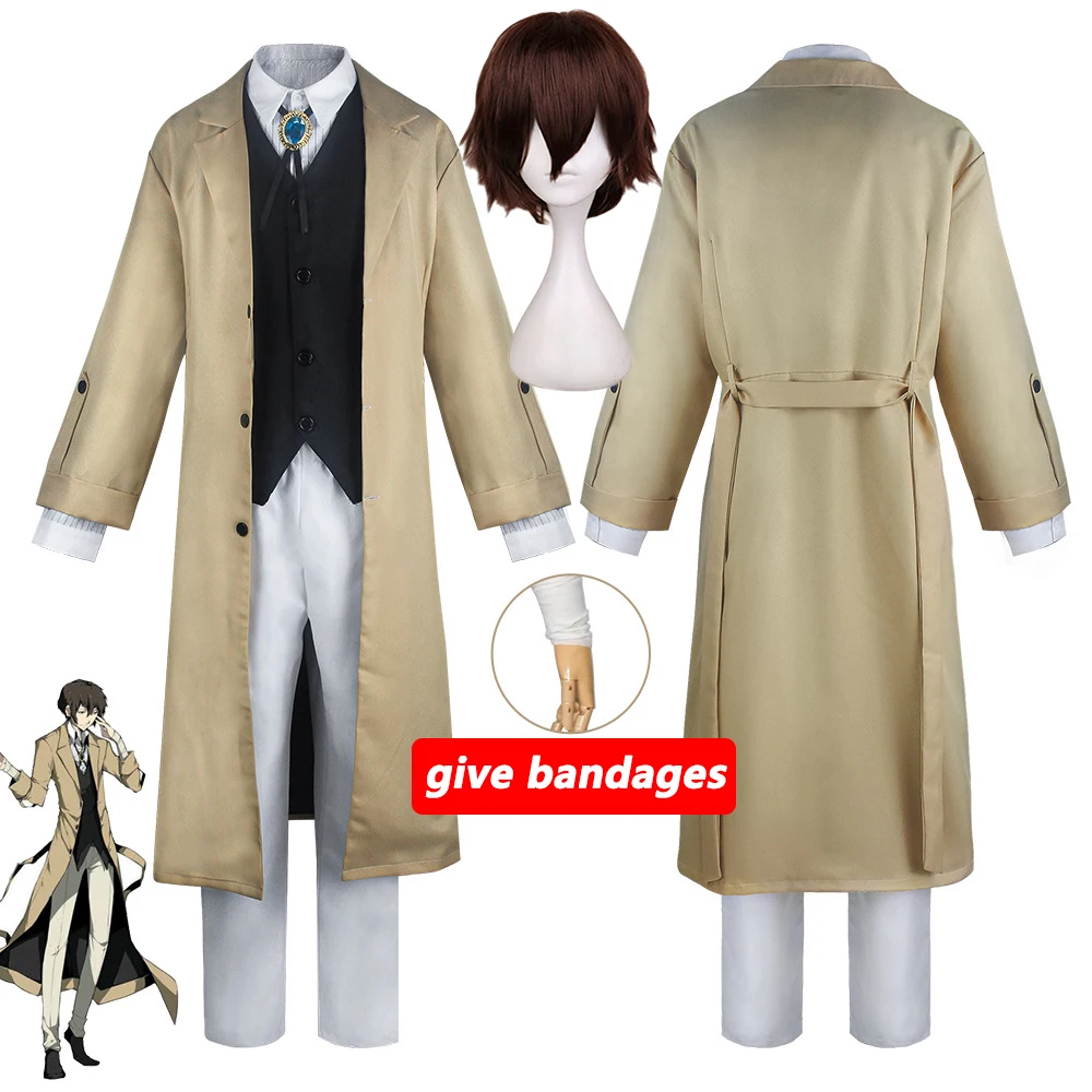 

Dazai Osamu Cosplay Costume Anime Bungo Stray Dogs Cosplay Long Jacket Coat Suit Wig Men Windbreaker Osamu Dazai Cosplay Costume