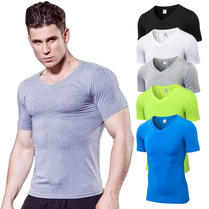

Men Sport T Shirts V-neck Top Compression Exercise Tights Cycling Basketball Training Fitness Running Sweatshirts Boy Activewear
