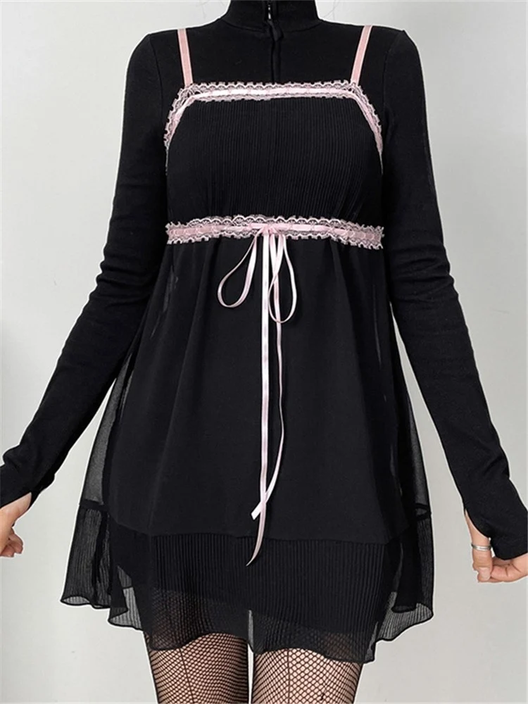 

Summer Fashion Slim Sexy Sweet Cute See Through Mesh Patchwork Lace Bow Backless Women Spaghetti Strap Dresses Girl A-line Dress