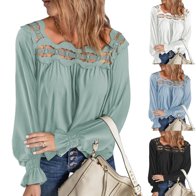 

Square Collar Long-sleeved Shirt Hollowed Out Lace Blouse Solid Color Loose Pullover Top 2023 European and American Spring New