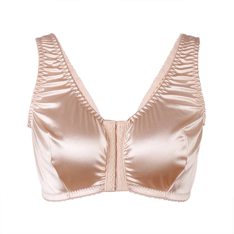 

Women Full Coverage Bra Large Size Comfort and Support Satin Bra Imitated Silk No Padded Wireless Front Closure Vest Underwear