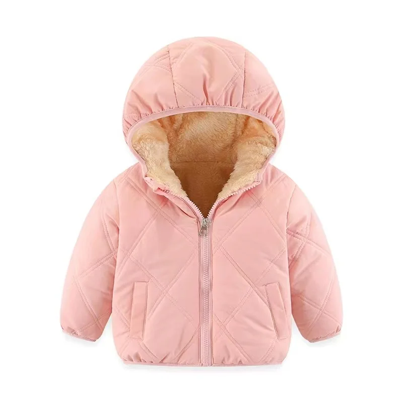 Winter Children'S Lamb Velvet Padded Jacket Pocket Zipper Boys Down Padded Casual Hooded Jacket Baby Girl Thickened Coat Outwear