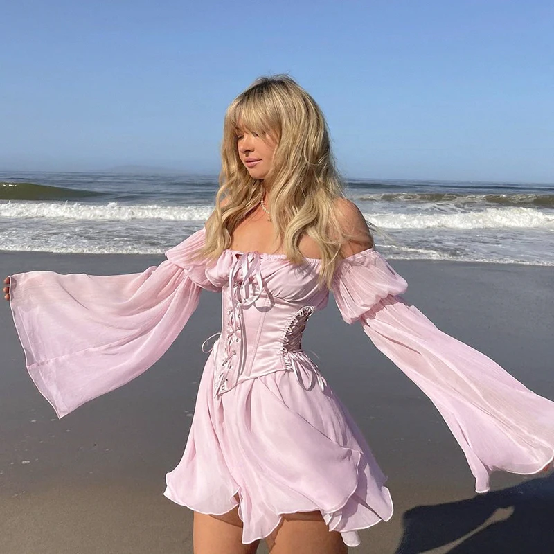 

Chiffon Slash Neck Mini Dress Women Summer Beach Vacation Long Sleeve Corset Bandage Sundress Party Casual Dresses Pink White