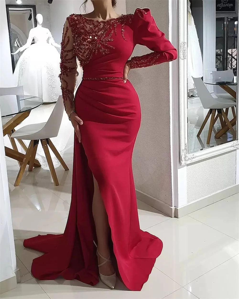

Women's Long Sleeve Satin Pleated Prom Dresses Sheer Neck Beaded Formal Occasion Gowns Classic Sweep with Split Party Dresses