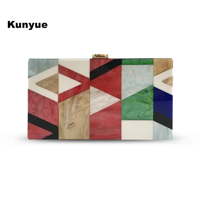 

New Wallet Cute Messenger Bag Luxury Acrylic Evening Bag Geometric Lattice Patchwork Handbags women Party Prom Chic Clutch Purse