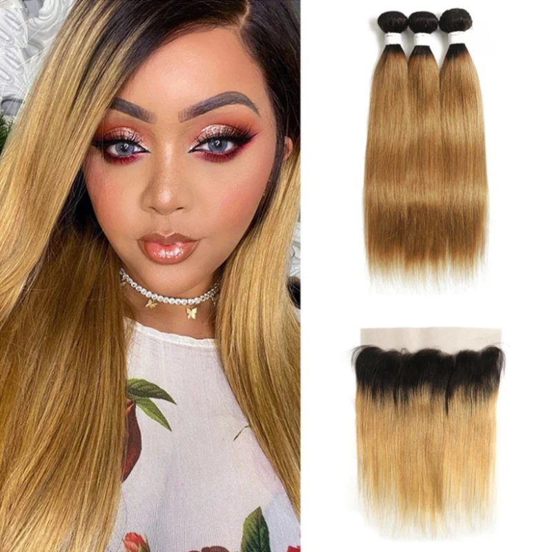 

T1B/27 Ombre Blonde Bundles With Frontal 13x4 SOKU Brazilian Straight 3/4 Bundles With Closure 100% Remy Human Hair Extention