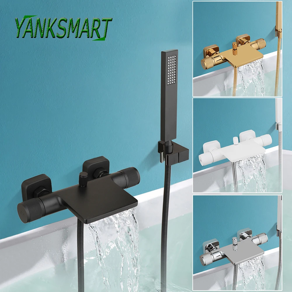 

YANKSMART Matte Black Bathroom Bathtub Shower Faucet Rainfall & Waterfall Spout Wall Mounted Tub Mixer Water Tap Combo Kit