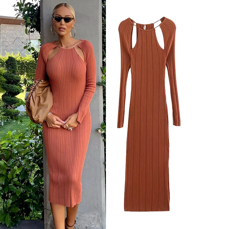

Autumn Dress 2022 New Fashion Stretch Tight Ladies Dress Fashion Elegant Solid Color Knit Hollowout Sexy Chic Street Youth Dress