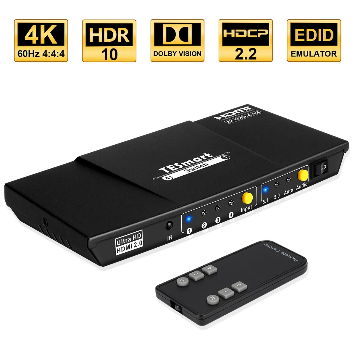 TESmart 4x1 HDMI Switch 4K@60Hz Switch HDCP High quality with Remote Control for HDTV Audio Video XBOX DVD STB