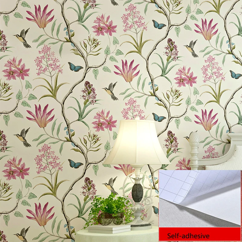 

American Country Garden Floral Birds Wallpaper Nonwoven Self Adhesive Wallpapers Bedroom Living Room TV Sofa Background Mural