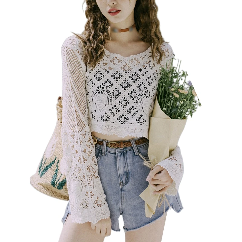 

New style Women Summer Hollow Out Crochet Cover Up Shirts Round Neck Knitted Plaid Floral Long Sleeve Crop Top Boho Casual Loose