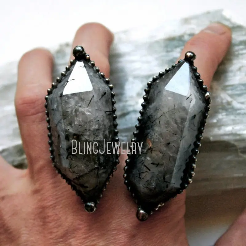 Турмалированные кварцевые Двойные Регулируемые кольца с кристаллами для женщин из нержавеющей стали в стиле бохо Хэллоуин