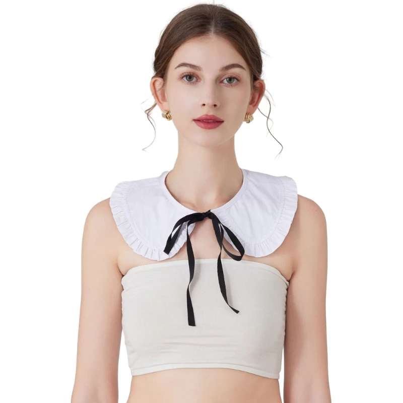 

Q1FA Elegant Pleated Lace Detachable Collar with Self-tie Rope Ladies Sweater Shirt Sewing Lace Collar Wedding Dress Supplies