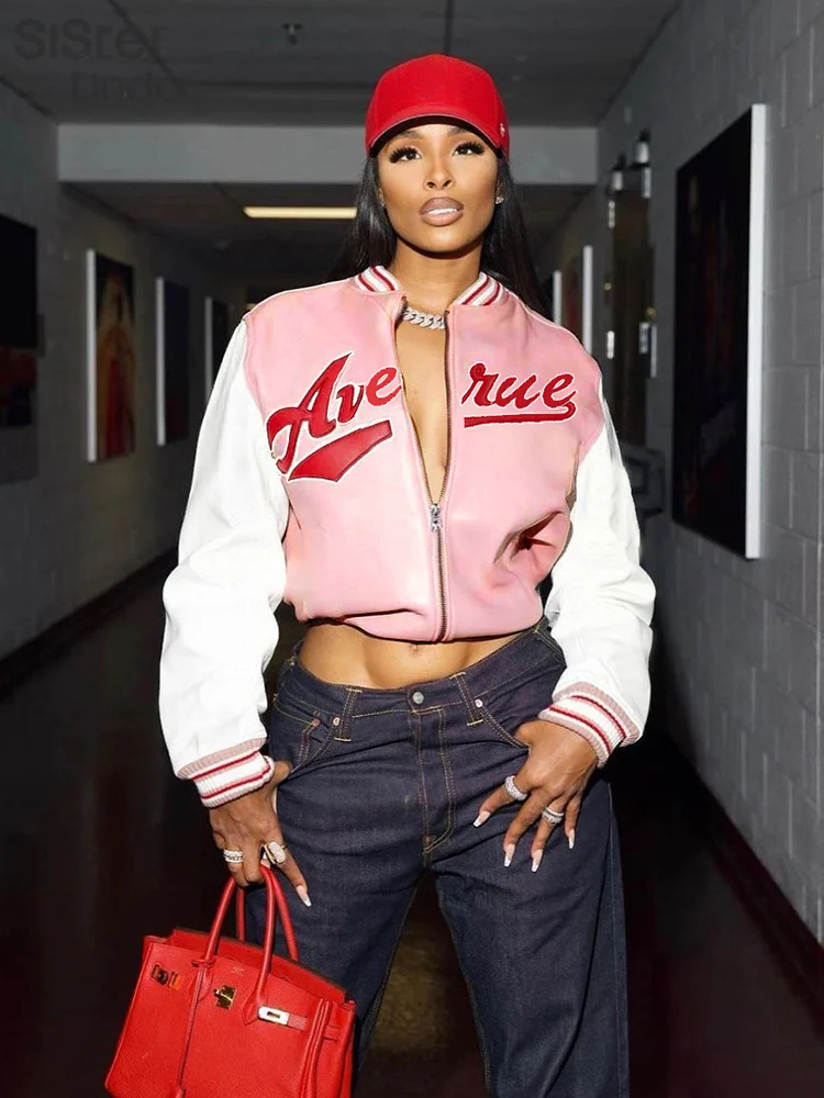 

Sisterlinda Autumn PU Leather Y2K Short Jackets Women Casual Long Sleeve Hipster Zip Baseball Uniform Top Female Basic Outwear