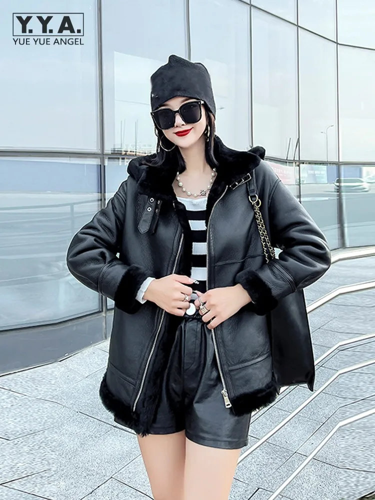 

Зимняя женская мотоциклетная куртка из натуральной кожи, модное пальто из натурального меха, уличная одежда, утепленное пальто из искусственной овчины