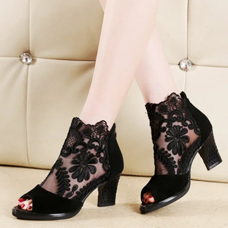 

Summer Mesh Peep Toe Sandals Sexy Heels Single Shoes Women In Europe America Spring Pumps Gauze Zapatillas Mujer 43
