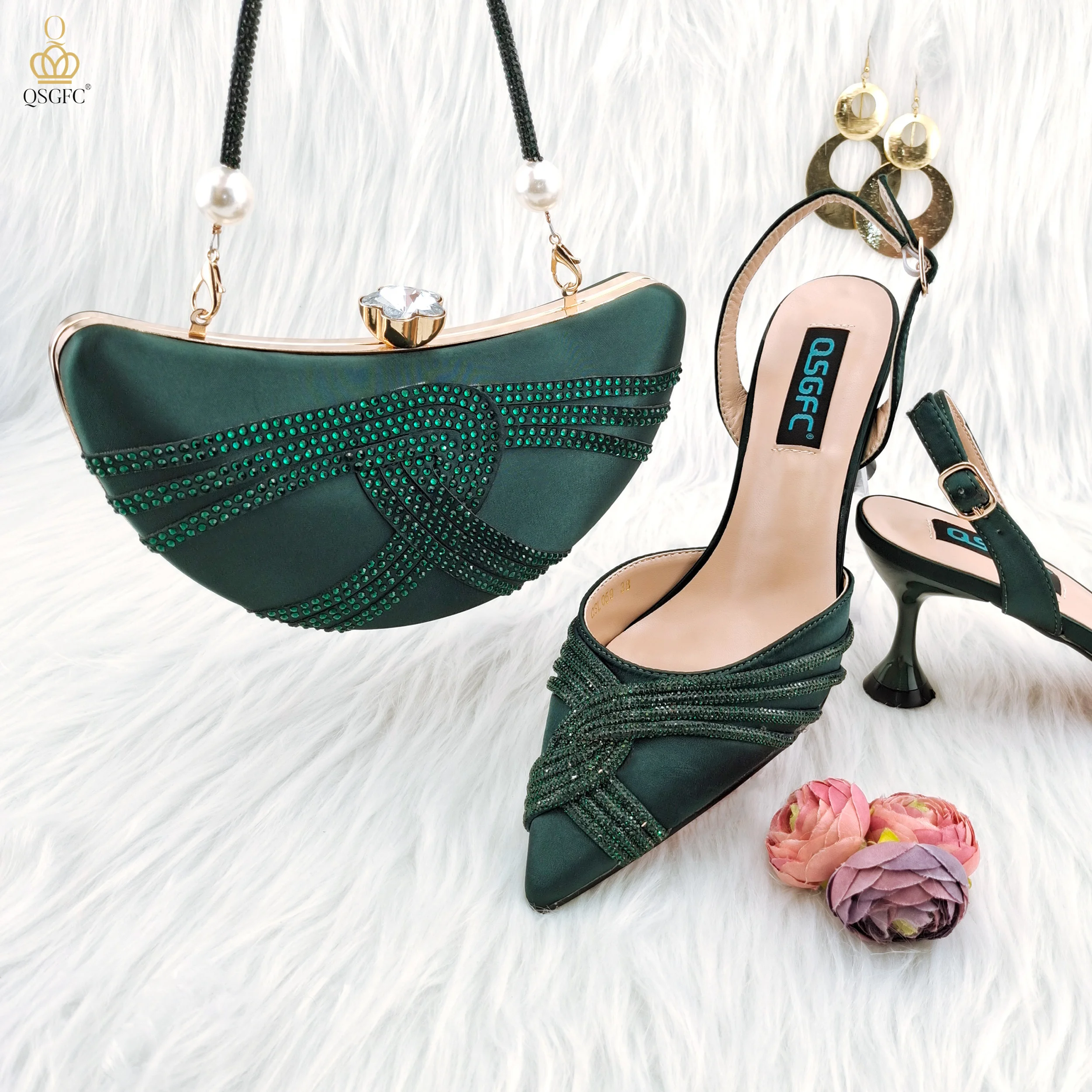 

QSGFC New Green Flash Diamond Decoration Elegant And Intellectual Exquisite Banquet Ladies Shoes And Bag