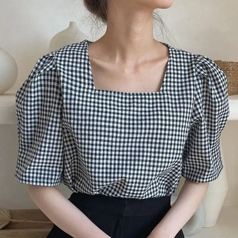 

VONDA 2022 Elegant Plaid Shirts Women Summer Tops Casual Square Collar Blusas Half Sleeve Street Pleated Blouse Oversized